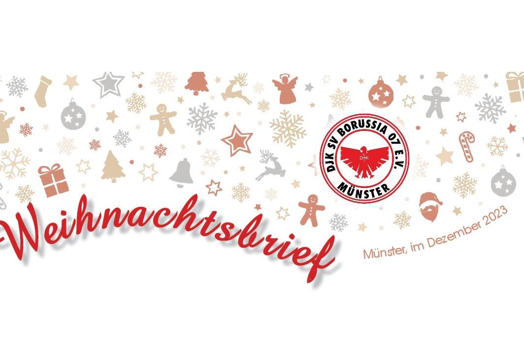 Grafik eines Weihnachtsbriefes mit bunten Weihnachtsmotiven und dem Logo von Borussia M&uuml;nster, Titel: &bdquo;Weihnachtsbrief&ldquo;.