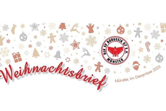 Grafik eines Weihnachtsbriefes mit bunten Weihnachtsmotiven und dem Logo von Borussia M&uuml;nster, Titel: &bdquo;Weihnachtsbrief&ldquo;.