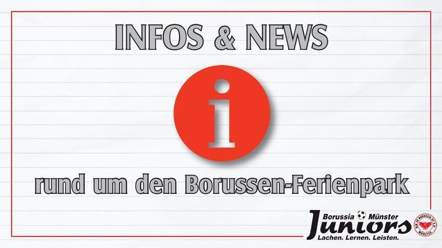 Info und News &uuml;ber den Borussen-Ferienpark auf einem linierte Hintergrund mit Logo von Borussia M&uuml;nster Juniors.