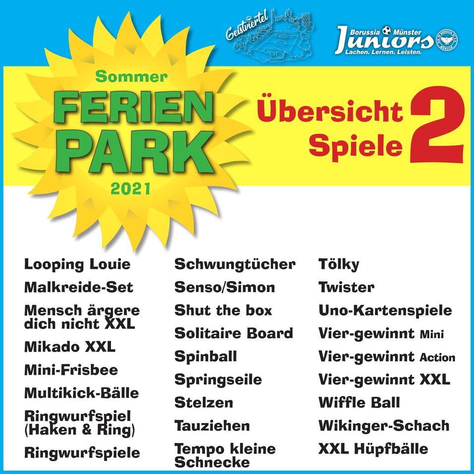 &Uuml;bersichtstafel zu den Spielen im Ferienpark 2021, inklusive Titel und Kategorien auf buntem Hintergrund.