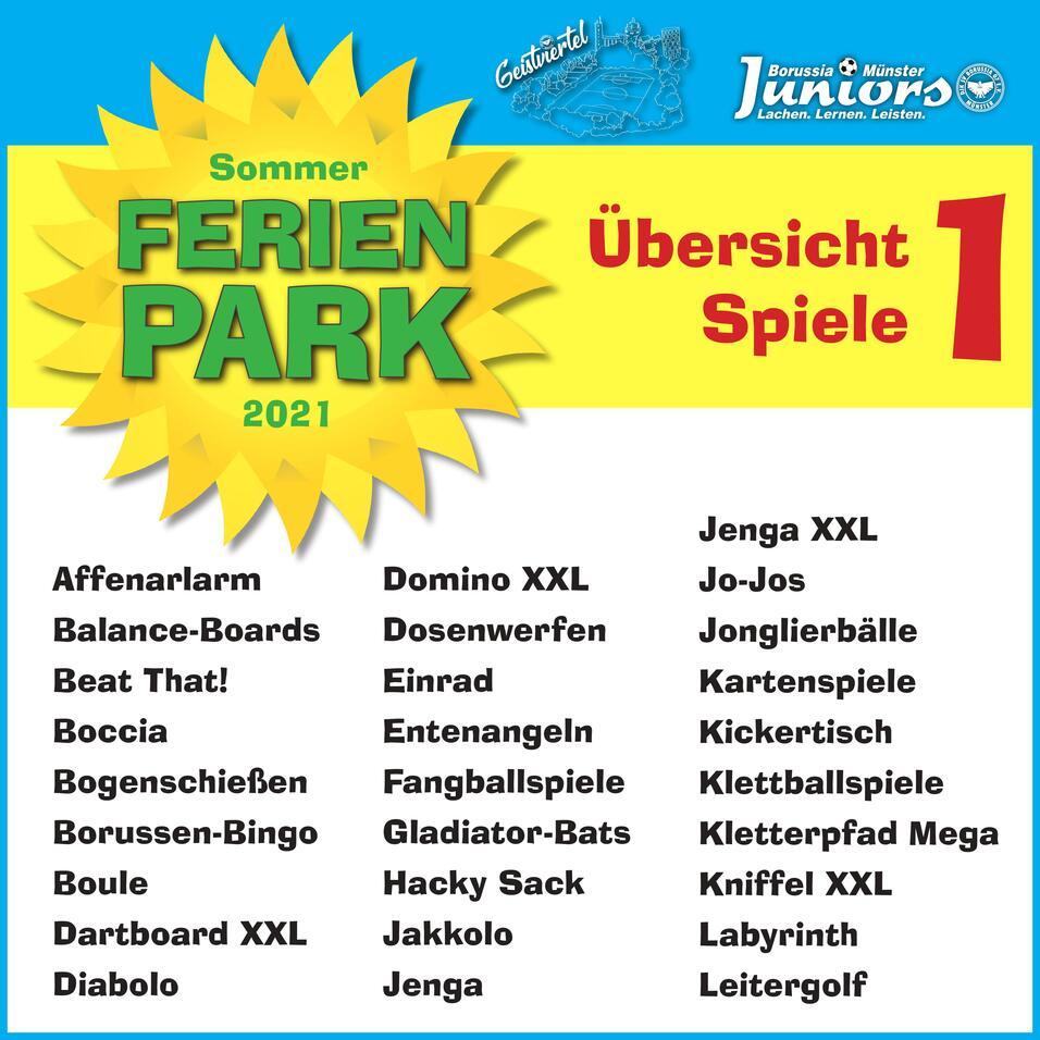 &Uuml;bersicht von Spielen im Sommer-Ferienspa&szlig; 2021, aufgelistet in zwei Spalten mit Spielformen und Aktivit&auml;ten.