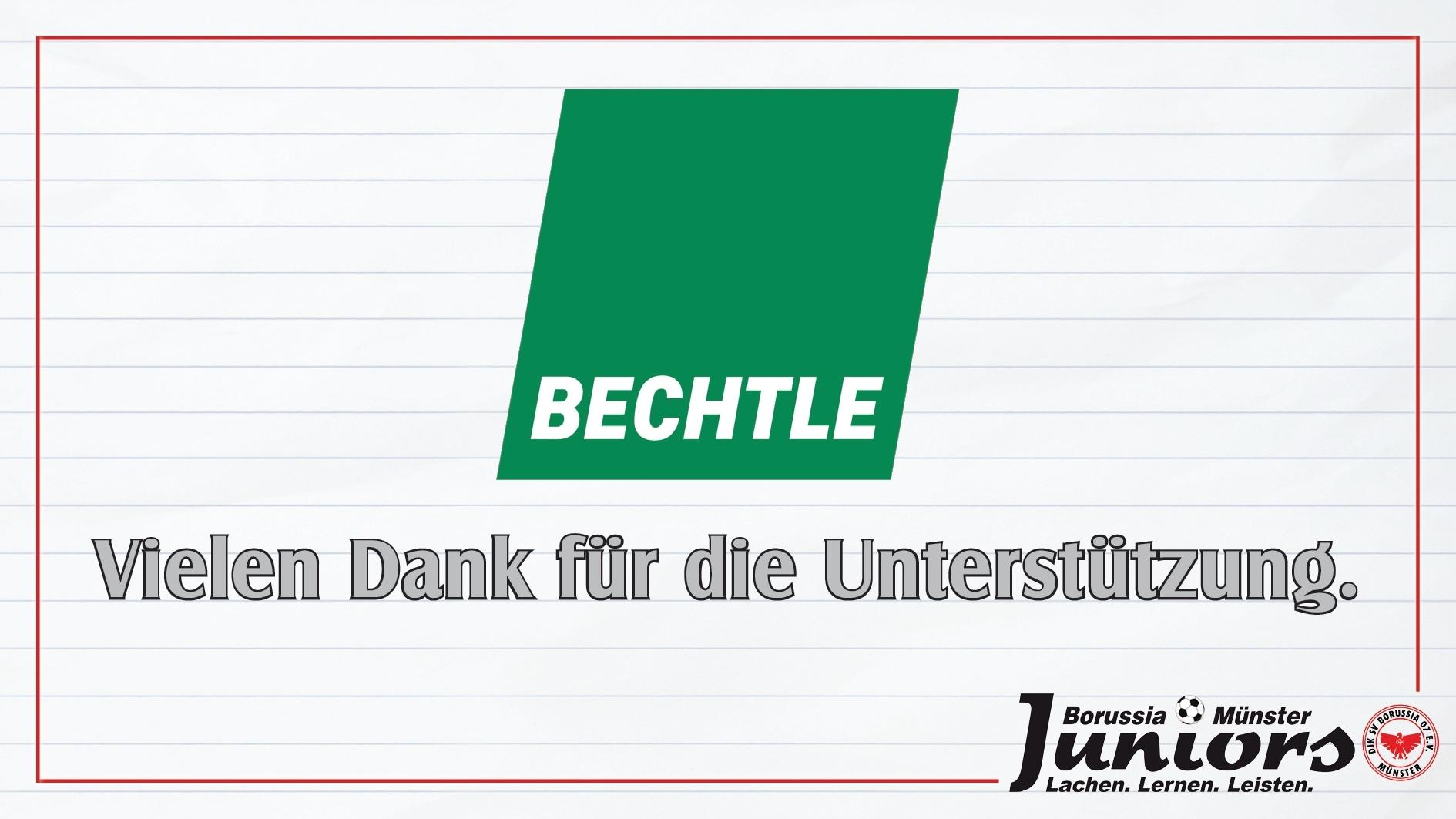 Logo von Bechtle mit dem Text „Vielen Dank für die Unterstützung“ und dem Schriftzug „Borussia Münster Juniors“.