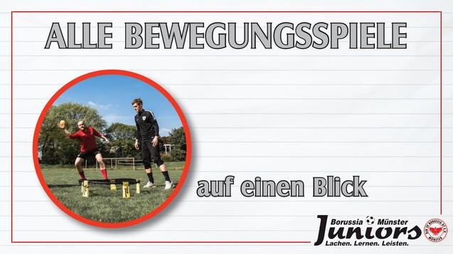 Zwei Kinder spielen mit einem Ball in einem Trainingsfeld, umgeben von gelben Hütchen. Text: „ALLE BEWEGUNGSSPIELE auf einen Blick“.
