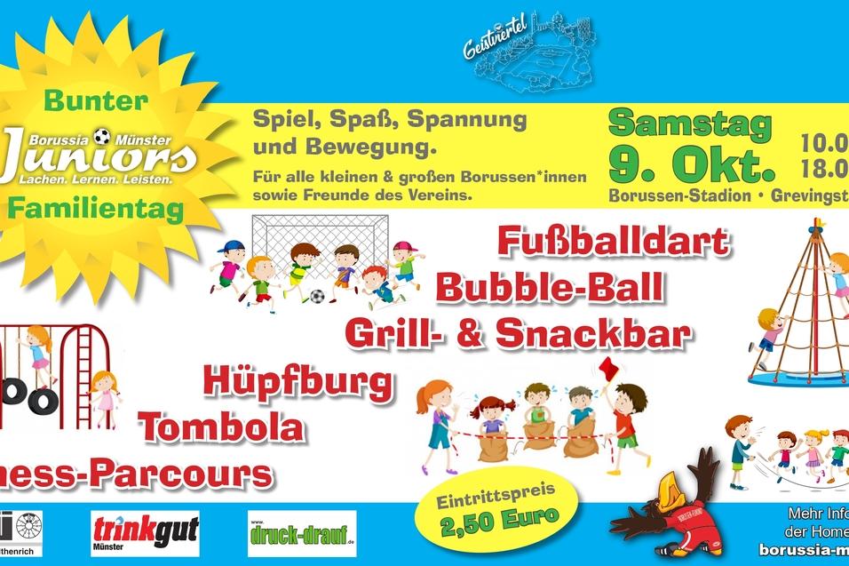 Bunt gestaltetes Plakat f&uuml;r den Familientag mit Aktivit&auml;ten wie H&uuml;pfburg, Tombola und Bubble-Ball im Borussen-Stadion.