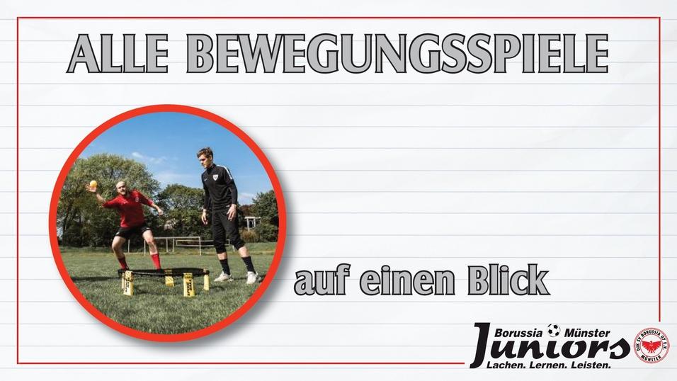 Zwei Kinder spielen mit einem Ball in einem Trainingsfeld, umgeben von gelben H&uuml;tchen. Text: &bdquo;ALLE BEWEGUNGSSPIELE auf einen Blick&ldquo;.