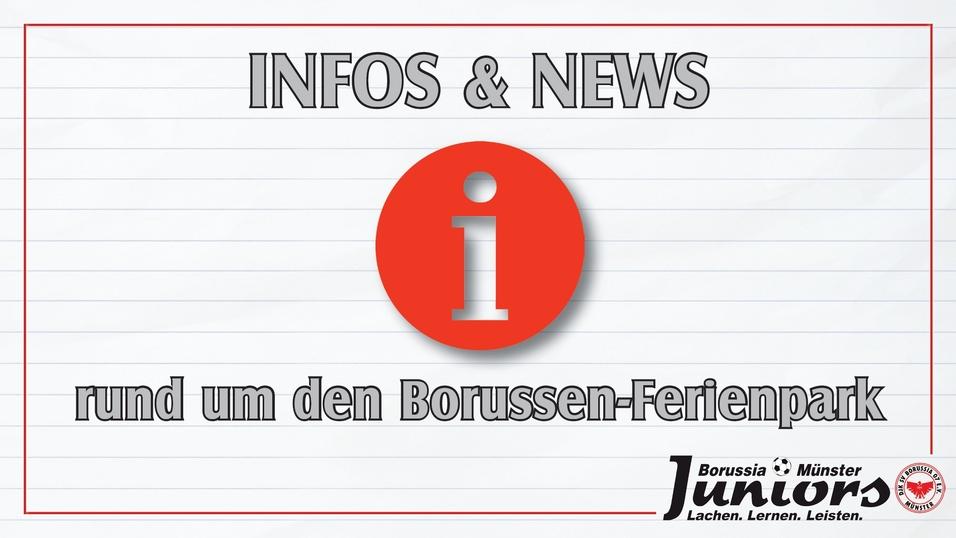 Info und News &uuml;ber den Borussen-Ferienpark auf einem linierte Hintergrund mit Logo von Borussia M&uuml;nster Juniors.