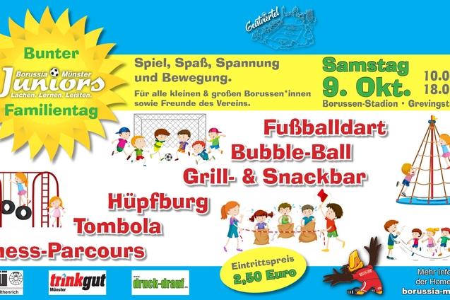 Bunt gestaltetes Plakat f&uuml;r den Familientag mit Aktivit&auml;ten wie H&uuml;pfburg, Tombola und Bubble-Ball im Borussen-Stadion.