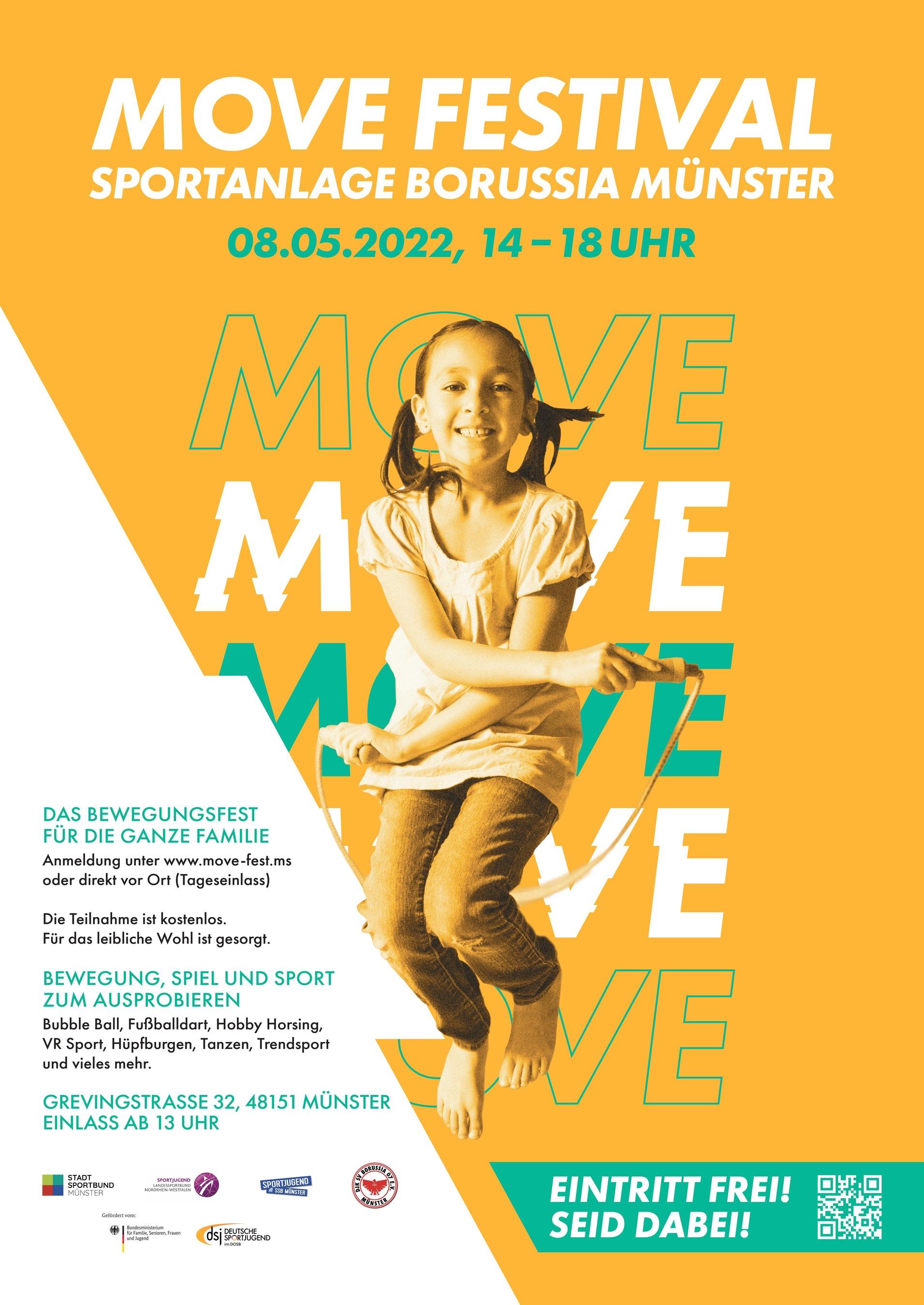 Plakat für das MOVE Festival mit einer lächelnden, spielenden Kinderfigur und Veranstaltungsdetails in orange und grün.