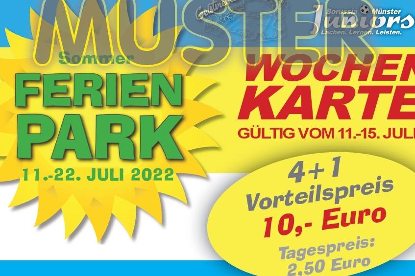 Bunt gestaltetes Plakat f&uuml;r den Ferienpark mit Infos zu Preisen und Daten vom 11. bis 22. Juli 2022.