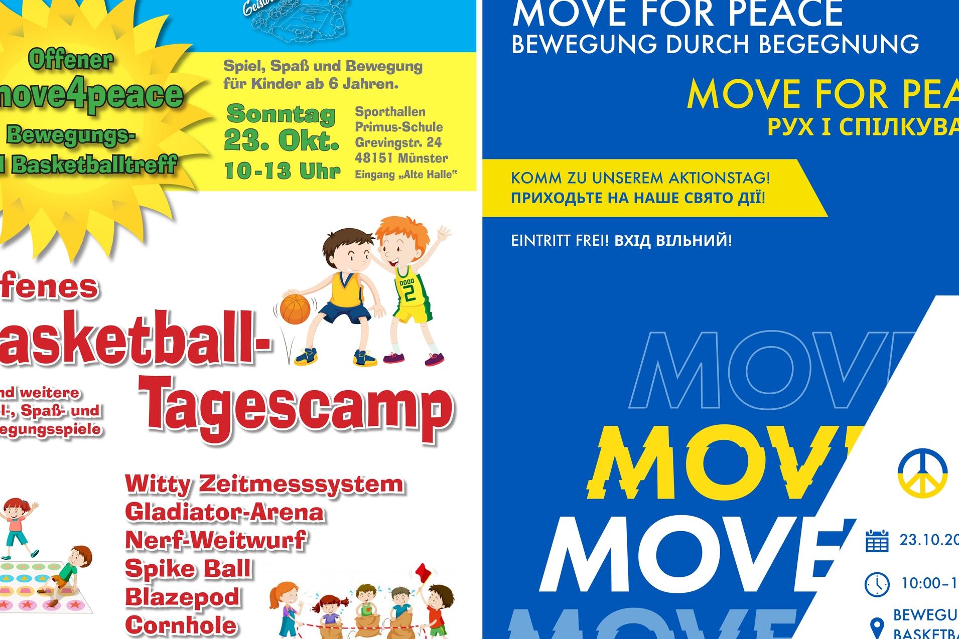 Plakat f&uuml;r ein offenes Basketball-Tagescamp mit Details zu Aktivit&auml;ten, Datum und Uhrzeit in buntem Layout.