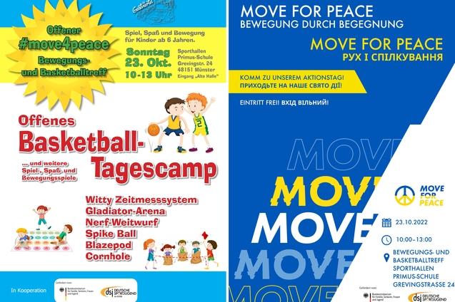 Plakat f&uuml;r ein offenes Basketball-Tagescamp mit Details zu Aktivit&auml;ten, Datum und Uhrzeit in buntem Layout.