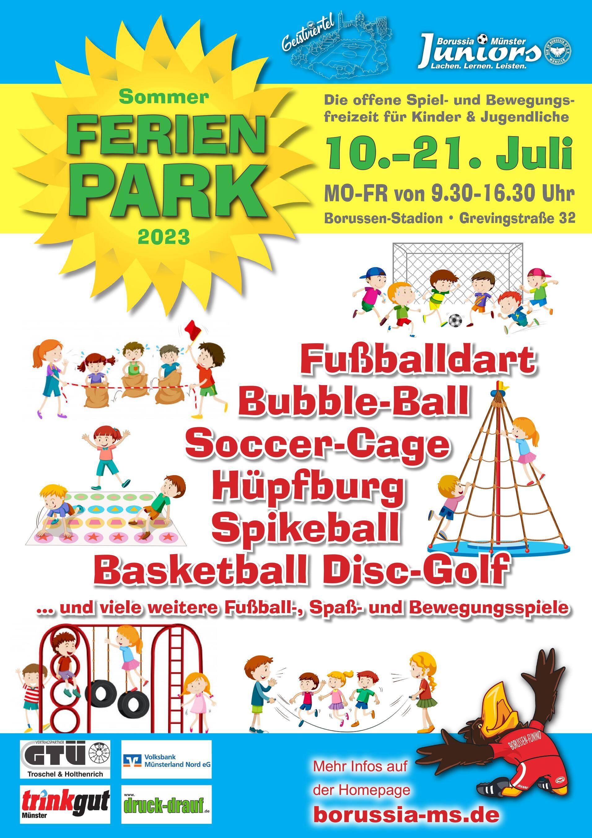 Bunt gestaltetes Plakat f&uuml;r den Sommerferienpark 2023 mit Spielangeboten f&uuml;r Kinder, Datum und Kontaktdaten.