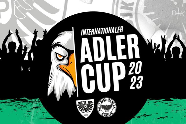 Grafik zum Internationalen Adler Cup 2023 mit jubelnden Fans und einem stilisierten Adlerkopf im Mittelpunkt.
