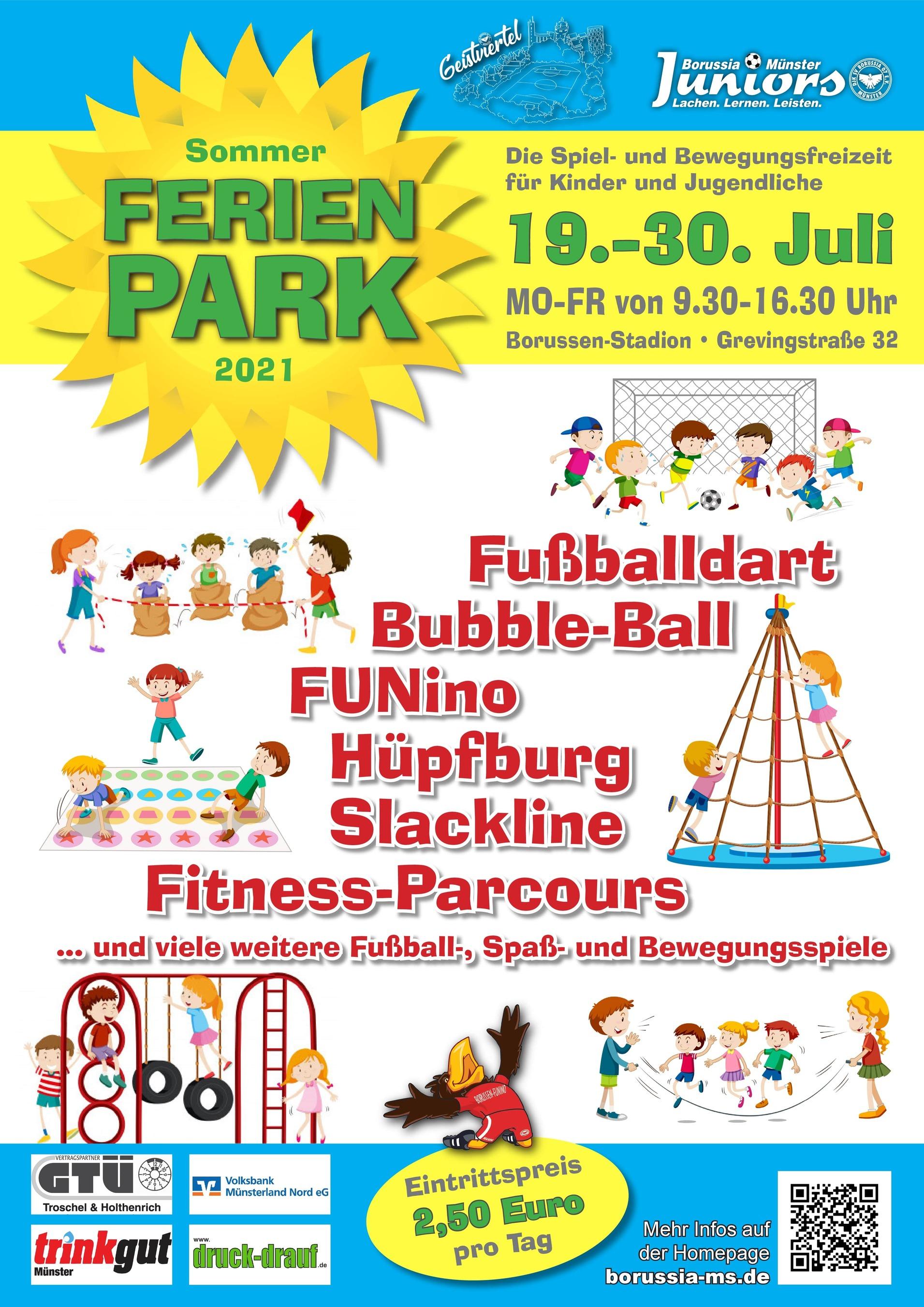 Bunt gestaltetes Plakat für den Sommerferienpark mit Aktivitäten wie Fußballdart, Bubble-Ball und Hüpfburg.