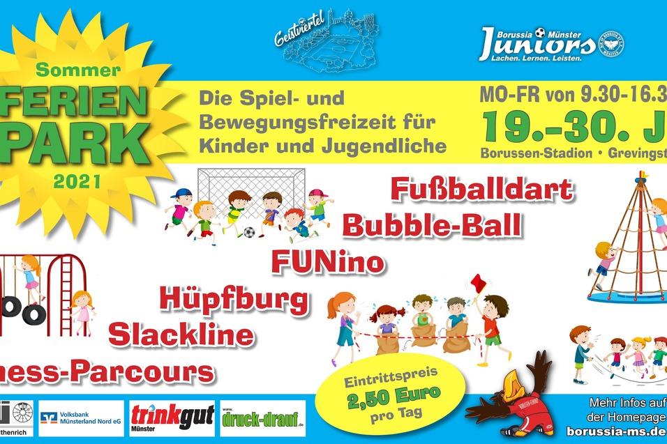 Buntes Plakat f&uuml;r den Ferienpark 2021 mit Aktivit&auml;ten f&uuml;r Kinder, einschlie&szlig;lich Fu&szlig;ball, H&uuml;pfburg und Slackline.