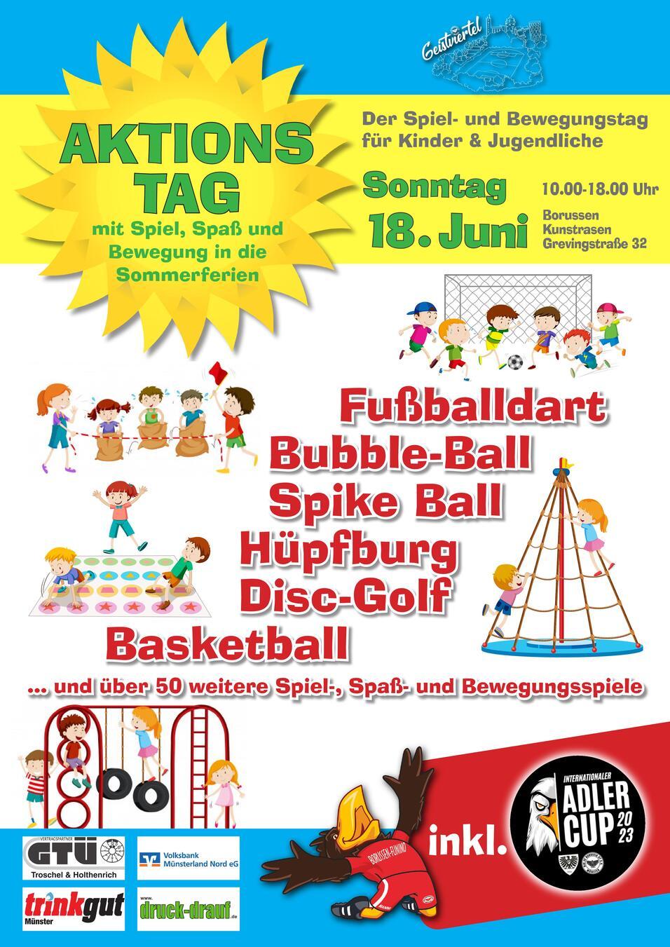 Plakat f&uuml;r einen Aktionstag mit Spiel- und Bewegungsangeboten f&uuml;r Kinder am 18. Juni, inklusive verschiedenen Aktivit&auml;ten.