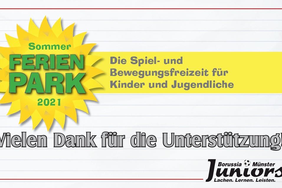 Banner f&uuml;r den Sommerferienpark 2021 mit Unterst&uuml;tzungshinweis f&uuml;r Kinder und Jugendliche in buntem Design.