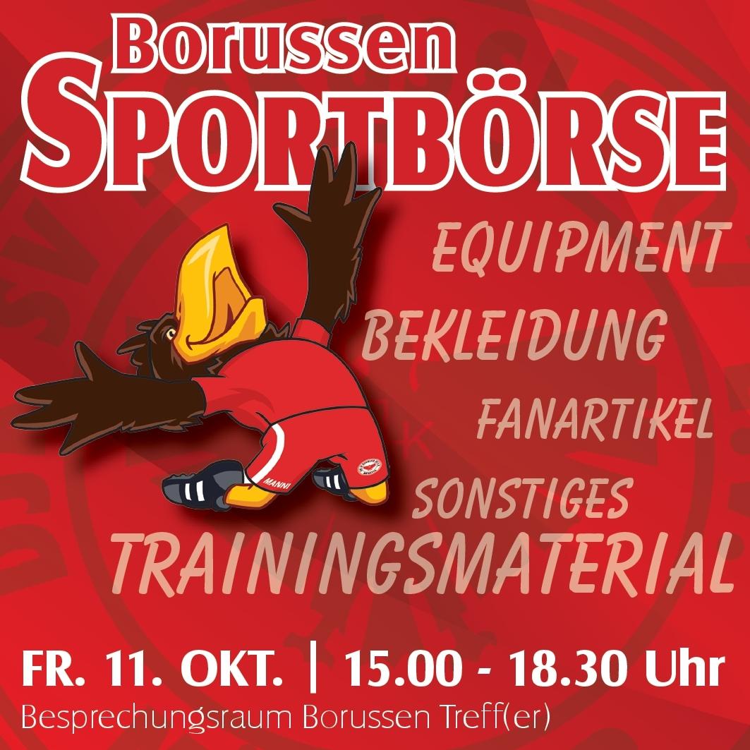 Grafik der Borussen Sportbörse mit einem Maskottchen und Informationen zu Equipment, Bekleidung und Fanartikeln.