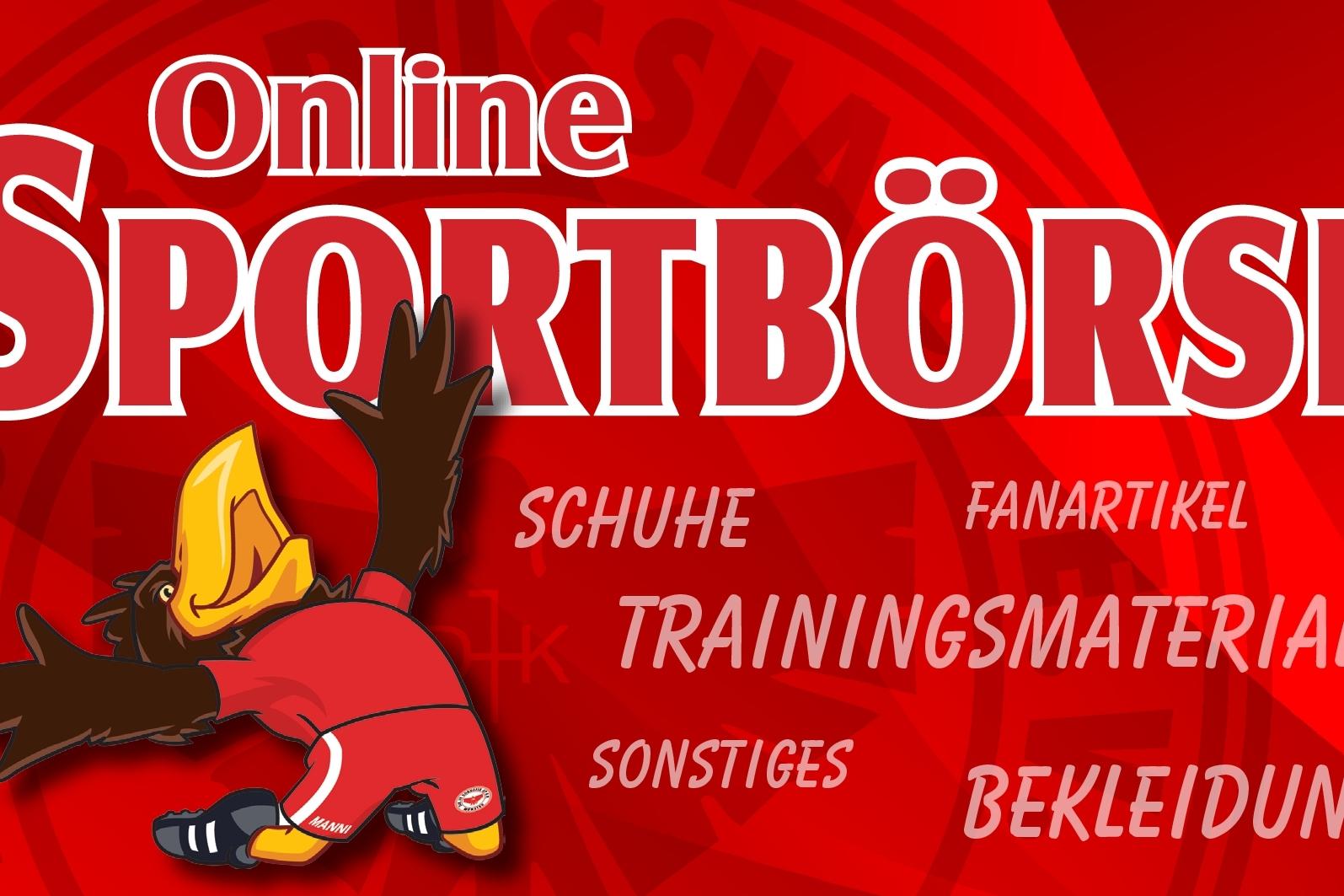 Logo der Online-Sportb&ouml;rse mit einem bunten Maskottchen und Textteilen zu Schuhen, Fanartikeln und Bekleidung.