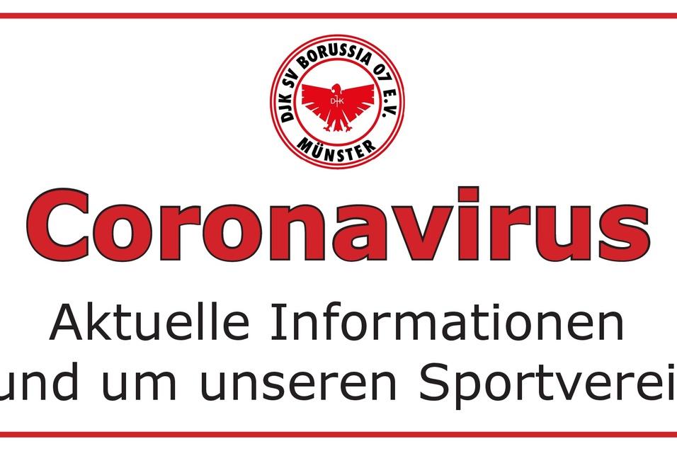 Hinweis zum Coronavirus mit Informationen zum Sportverein Borussia M&uuml;nster. Logo oben, Text in rot und schwarz auf wei&szlig;em Hintergrund.