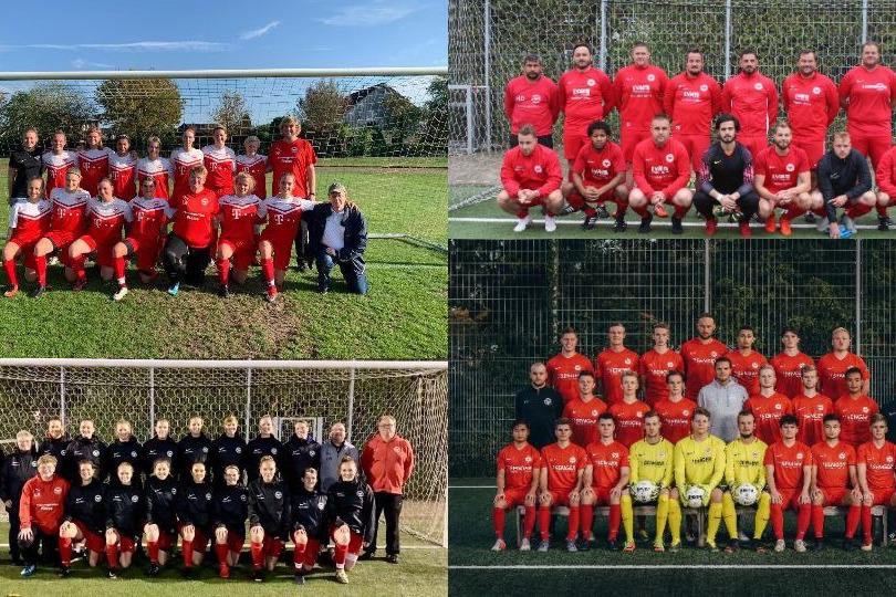 Verschiedene Fu&szlig;ballmannschaften in roten Trikots posieren vor den Toren auf einem Sportplatz.
