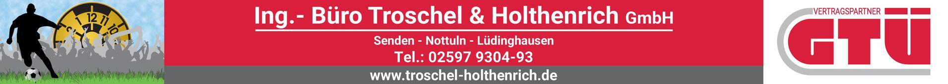 Logo der Ingenieurb&uuml;ros Troschel & H&ouml;lterich GmbH mit einer Silhouette eines Fu&szlig;ballspielers und Kontaktdaten.