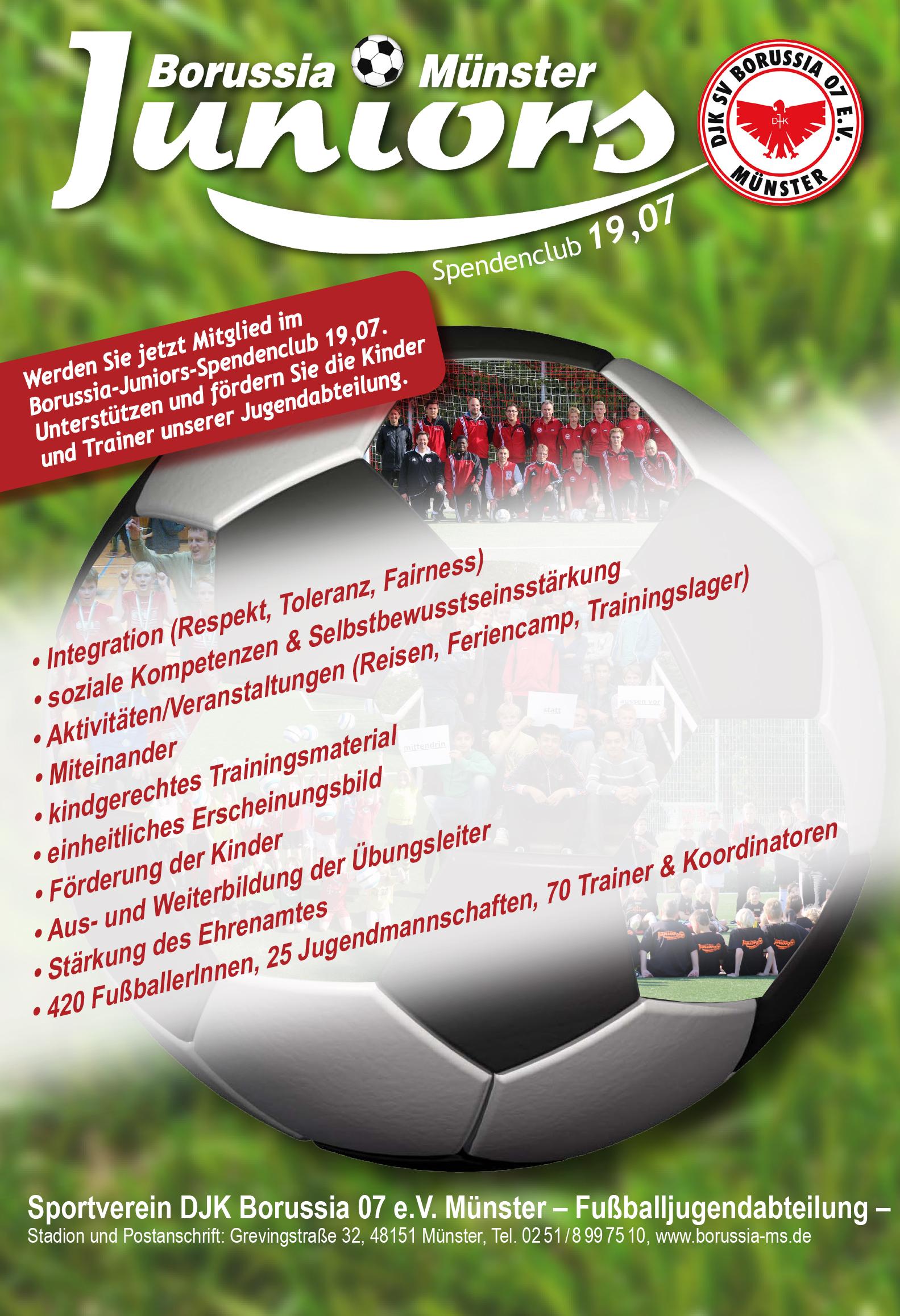 Plakat von Borussia M&uuml;nster Juniors mit Informationen zu Mitgliedschaft, Integration und F&ouml;rderangeboten f&uuml;r Kinder.
