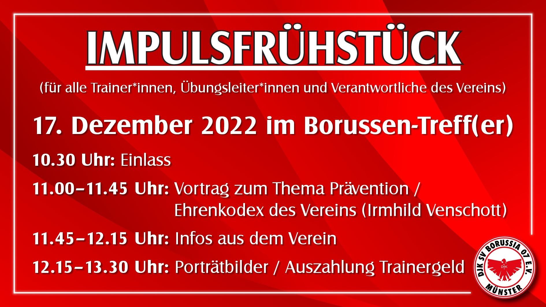 Ein rotes Plakat mit dem Titel &bdquo;IMPULSFR&Uuml;HST&Uuml;CK&ldquo; und Informationen zu einem Vereinsmeeting am 17. Dezember 2022.