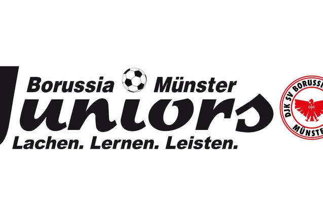 Logo von Borussia M&uuml;nster Juniors mit Slogan &bdquo;Lachen. Lernen. Leisten.&ldquo; und einem Fu&szlig;ballsymbol.