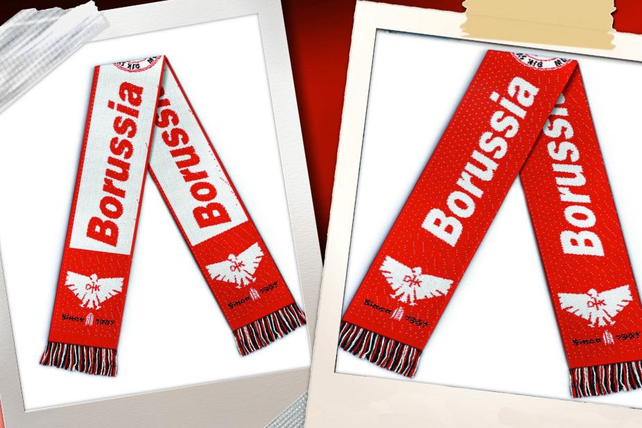 Zwei Fotos von einem roten Schal mit &bdquo;Borussia&ldquo; und einem Adler-Emblem auf einem roten Hintergrund.