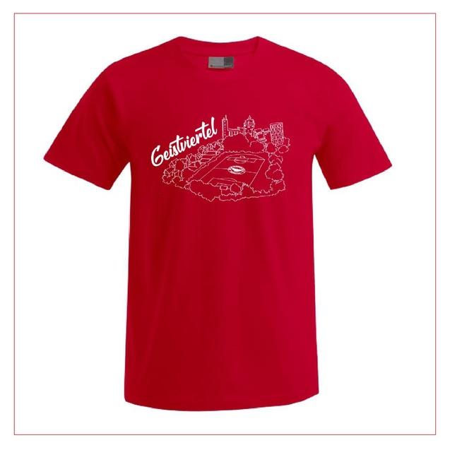 Rotes T-Shirt mit wei&szlig;em grafischen Druck eines Stadions und der Aufschrift &bdquo;Gestviertel&ldquo;.