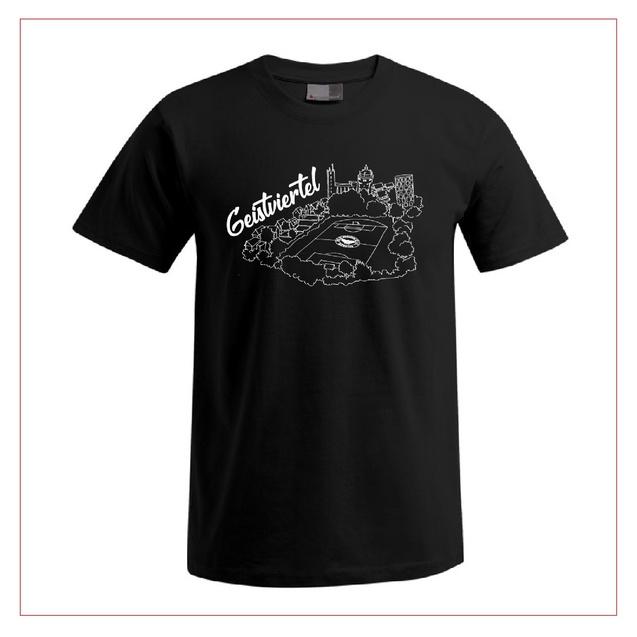 Schwarzes T-Shirt mit wei&szlig;em Druck einer stilisierten Stadtlandschaft und dem Text &bdquo;Gestiviert&ldquo;.