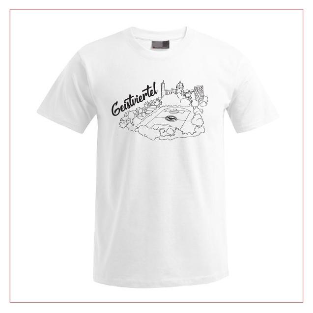 Wei&szlig;es T-Shirt mit schwarzem, skizzenhaftem Aufdruck eines Platzes und dem Schriftzug &bdquo;Geistviertel&ldquo;.
