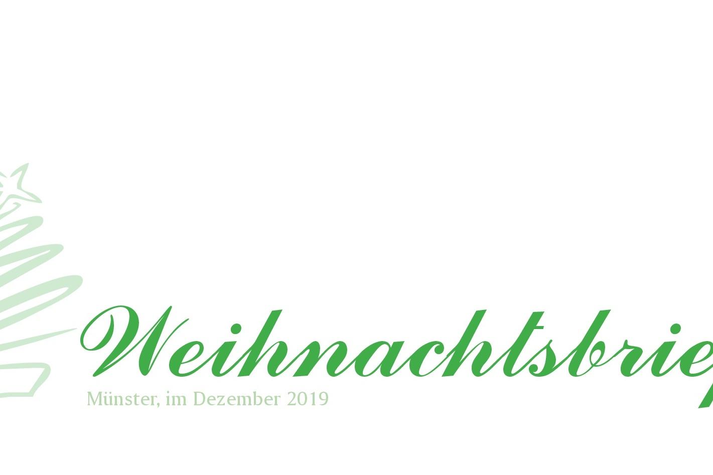Grafik eines Weihnachtsbriefs mit geschwungenem Text und einem stilisierten Weihnachtsbaum in Grün.