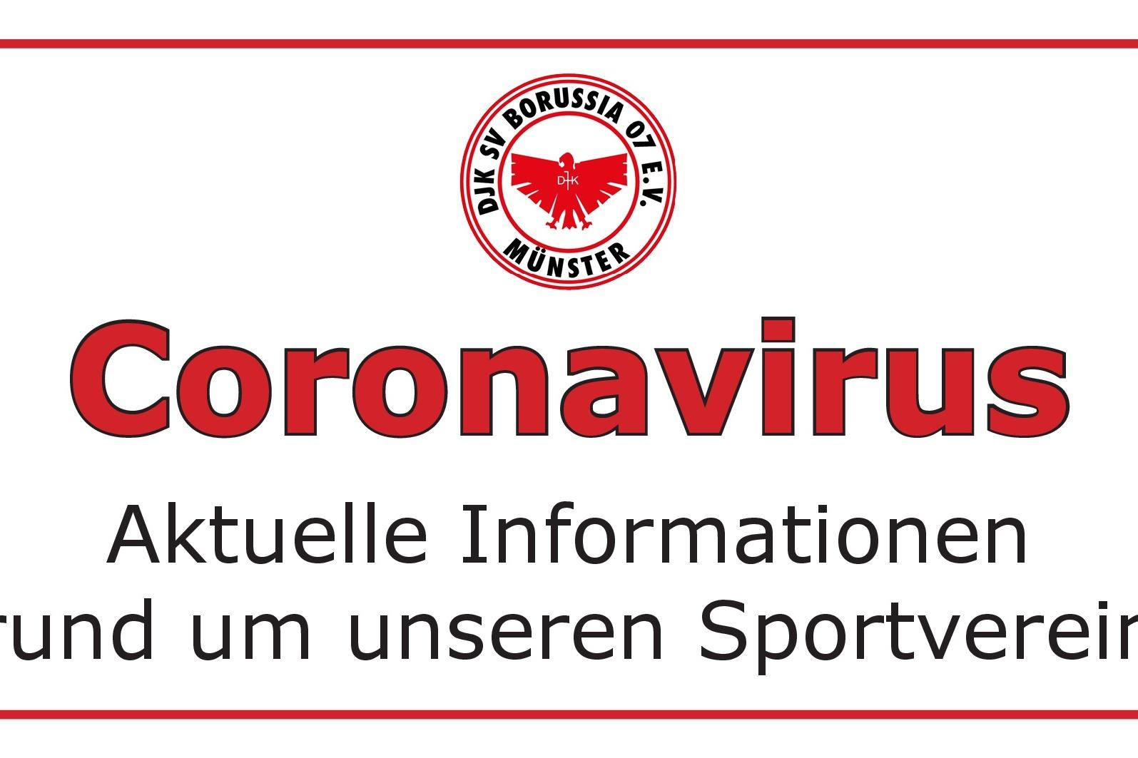 Hinweis zum Coronavirus mit Informationen zum Sportverein Borussia M&uuml;nster. Logo oben, Text in rot und schwarz auf wei&szlig;em Hintergrund.