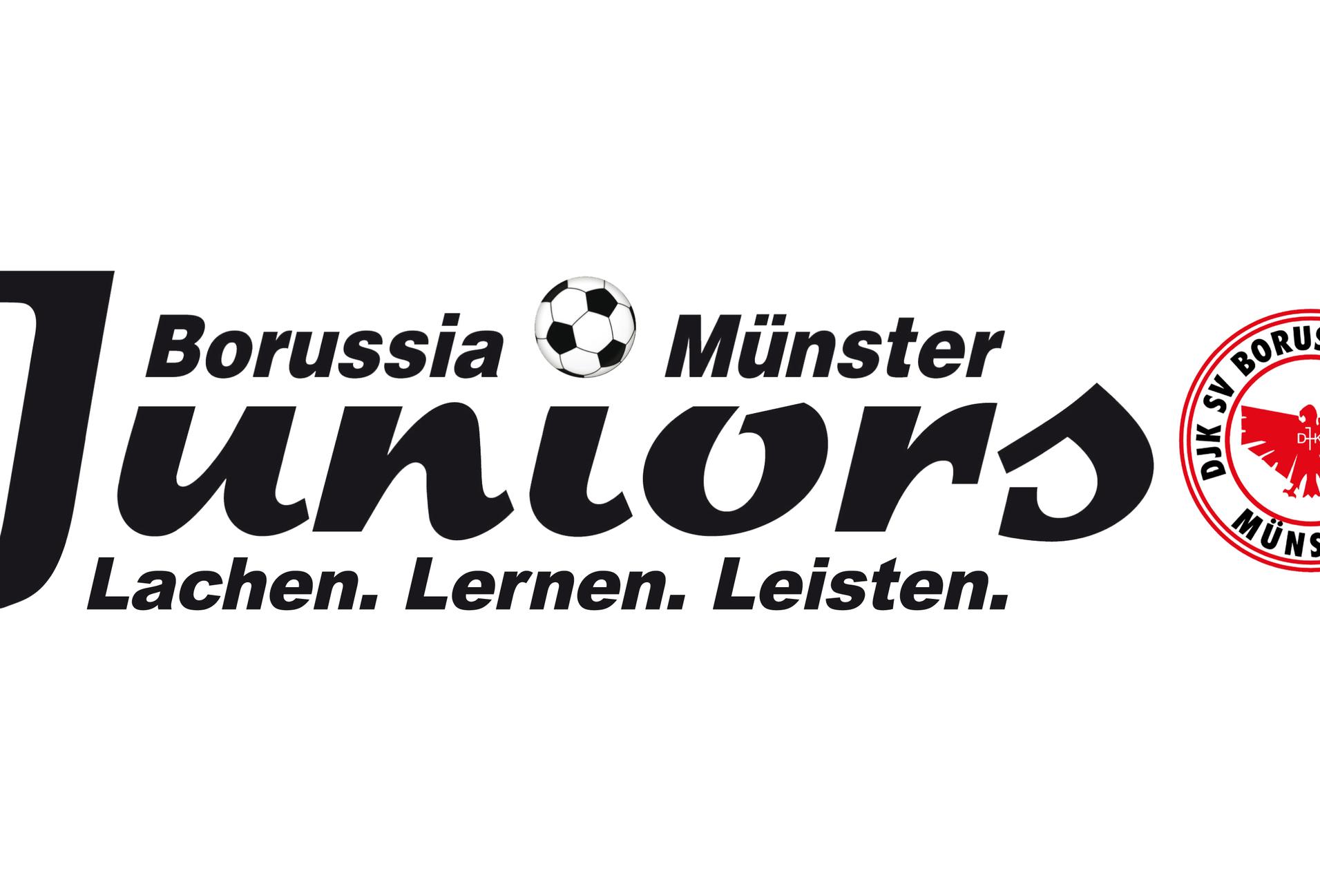 Logo von Borussia M&uuml;nster Juniors mit Slogan &bdquo;Lachen. Lernen. Leisten.&ldquo; und einem Fu&szlig;ballsymbol.