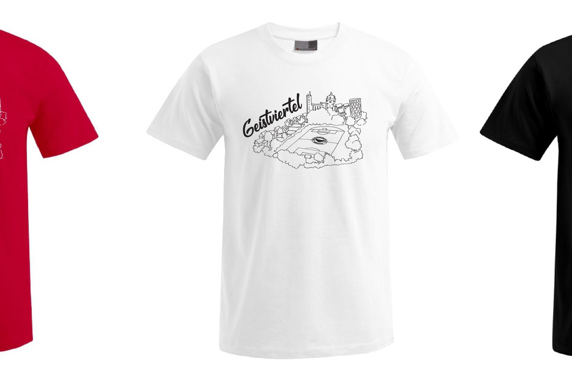 Drei T-Shirts in Rot, Wei&szlig; und Schwarz mit grafischem Druck auf der Vorderseite.