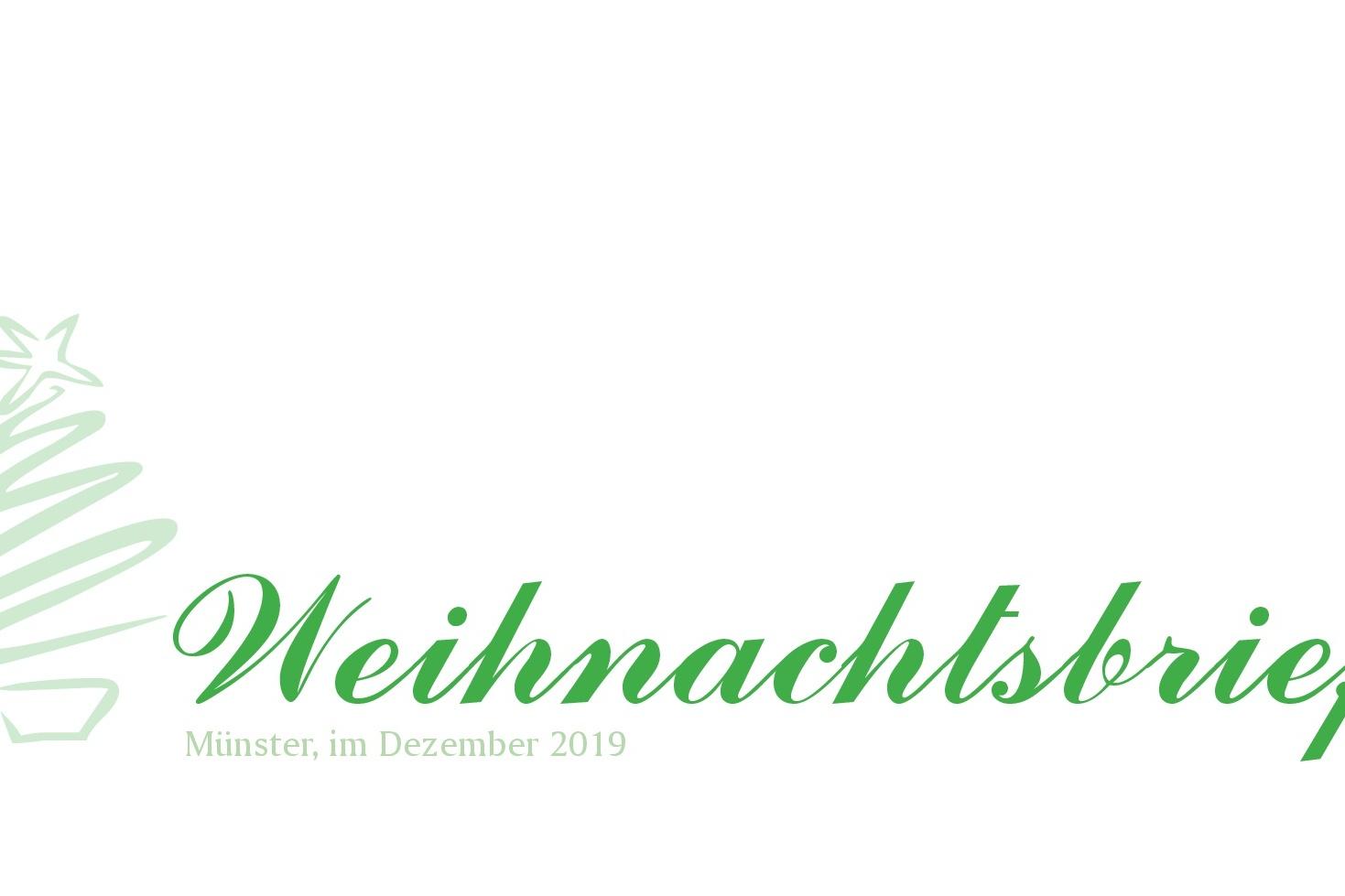 Grafik eines Weihnachtsbriefs mit geschwungenem Text und einem stilisierten Weihnachtsbaum in Gr&uuml;n.