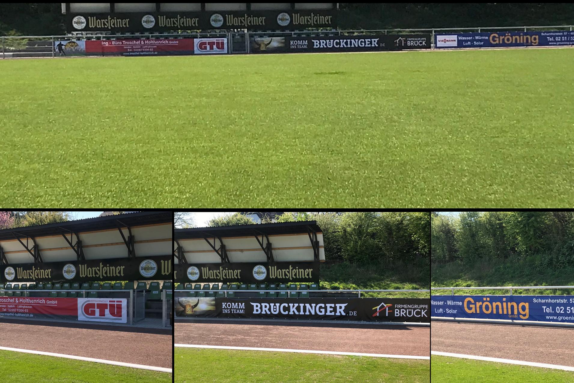 Gr&uuml;n bespielt Fu&szlig;ballfeld mit Sponsorenbannern am Rand, darunter GTU und Bruckinger, teilweise im Schatten.
