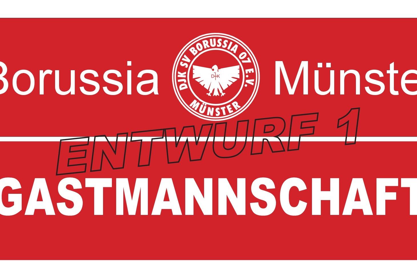 Logo von Borussia M&uuml;nster mit dem Schriftzug &bdquo;GASTMANNSCHAFT&ldquo; und dem Zusatz &bdquo;ENTWURF 1&ldquo; auf rotem Hintergrund.