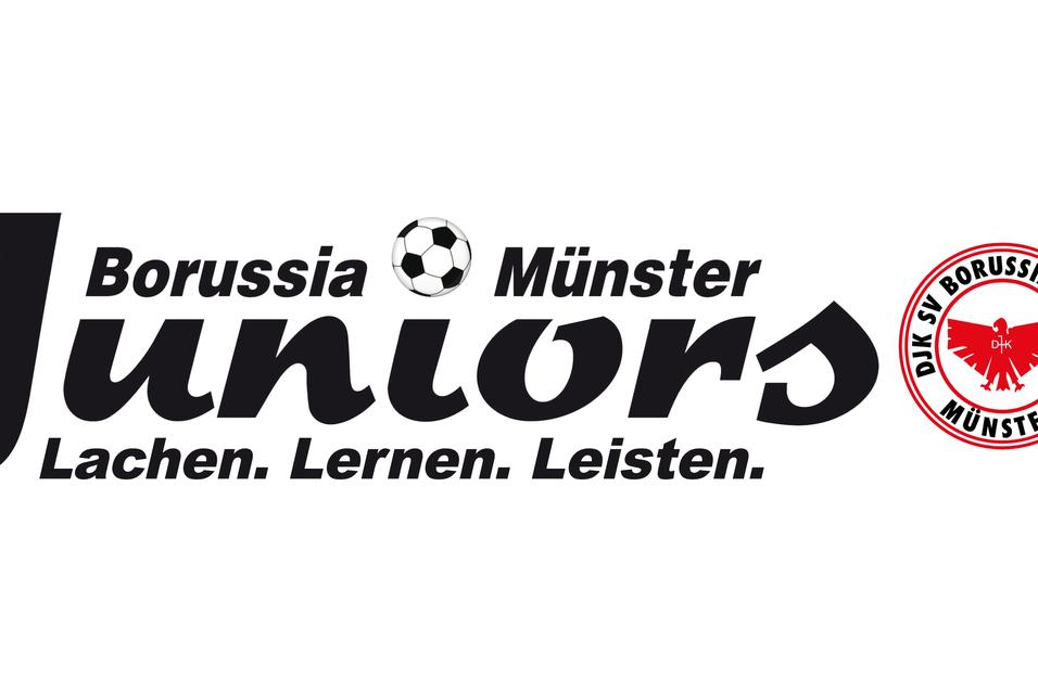 Logo von Borussia M&uuml;nster Juniors mit Slogan &bdquo;Lachen. Lernen. Leisten.&ldquo; und einem Fu&szlig;ballsymbol.
