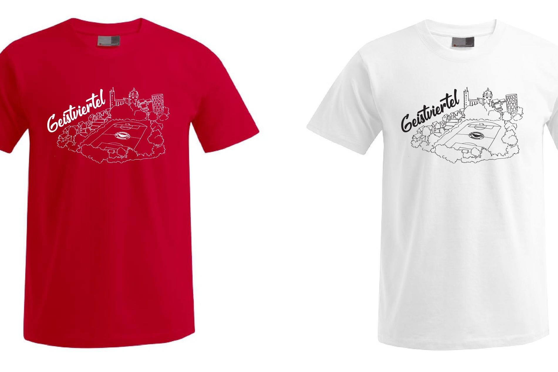 Drei T-Shirts in Rot, Wei&szlig; und Schwarz mit grafischem Druck auf der Vorderseite.