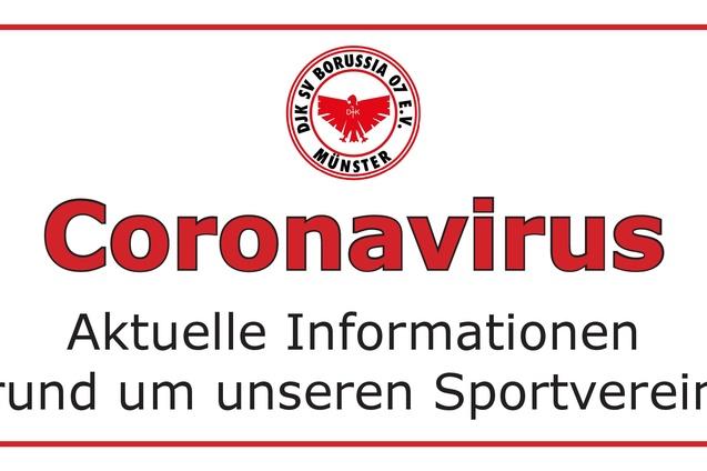 Hinweis zum Coronavirus mit Informationen zum Sportverein Borussia M&uuml;nster. Logo oben, Text in rot und schwarz auf wei&szlig;em Hintergrund.