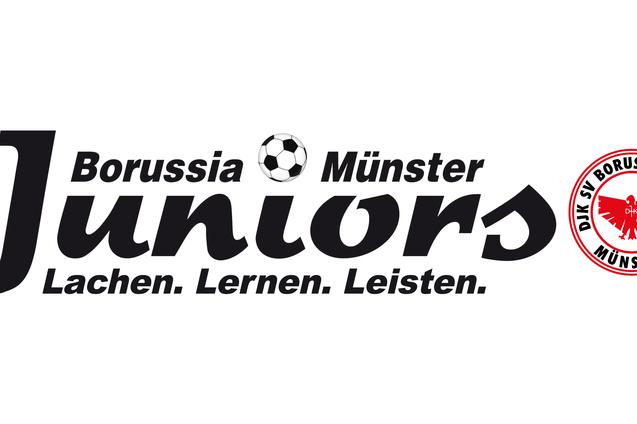Logo von Borussia M&uuml;nster Juniors mit Slogan &bdquo;Lachen. Lernen. Leisten.&ldquo; und einem Fu&szlig;ballsymbol.