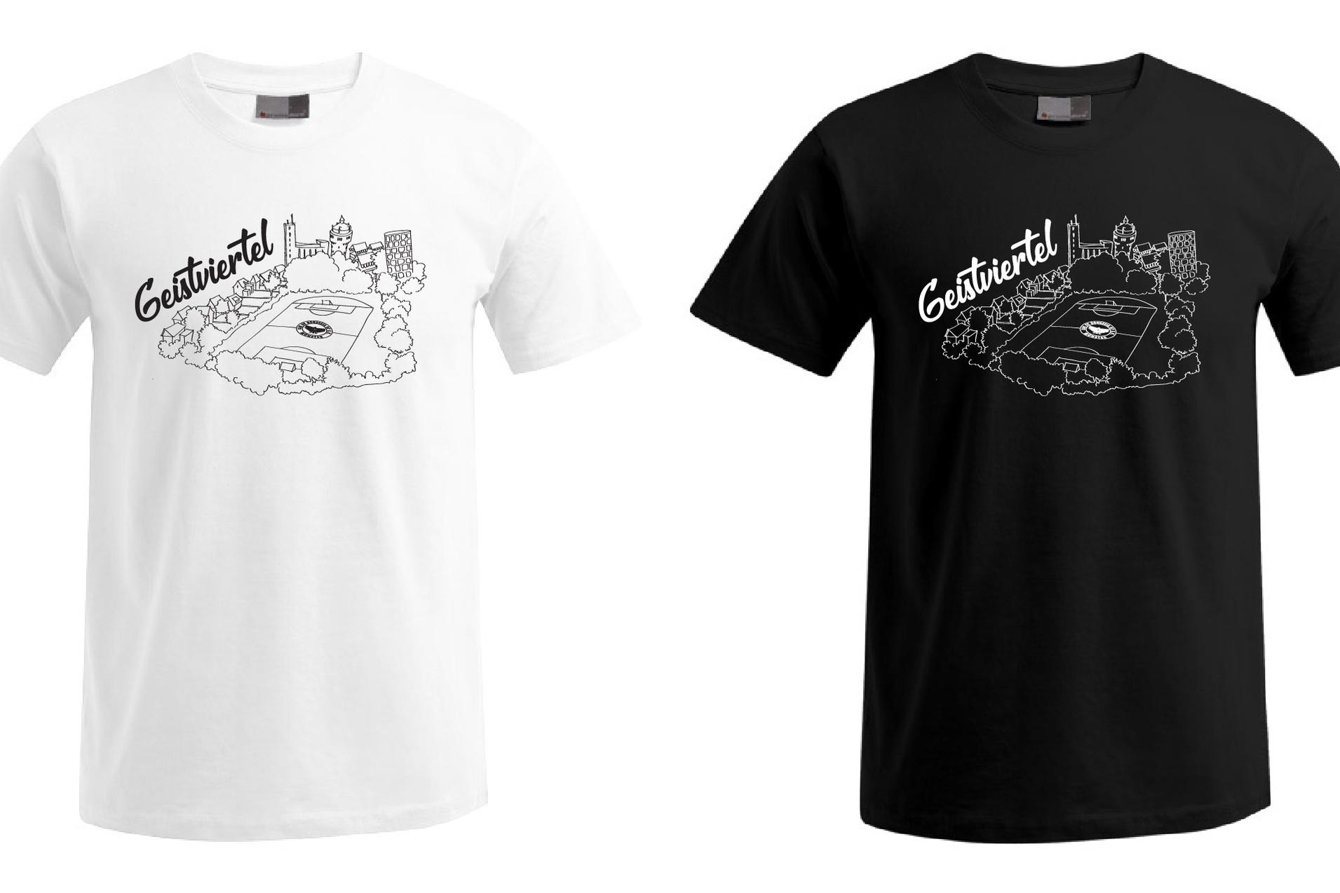 Drei T-Shirts in Rot, Weiß und Schwarz mit grafischem Druck auf der Vorderseite.