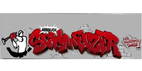Graffiti mit dem Schriftzug &bdquo;Abbruch Schweizer&ldquo; und einer Figur mit Hammer auf grauem Hintergrund.