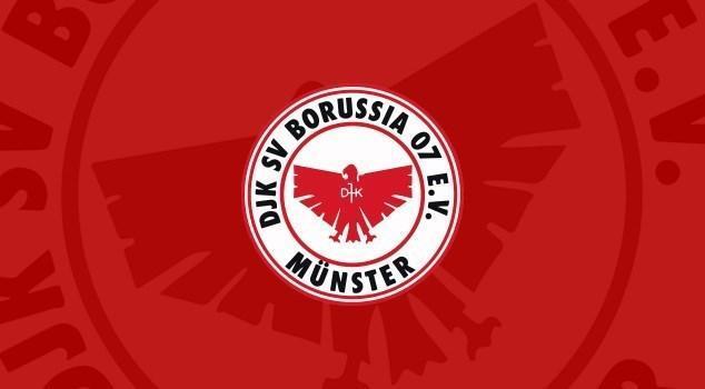 Logo von DJK SV Borussia 07 e.V. Münster mit rotem Hintergrund und stilisiertem Adler im Zentrum.