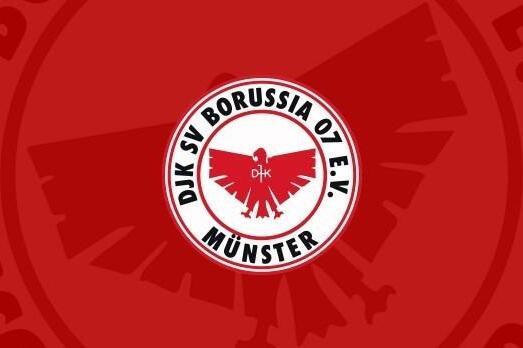 Logo von DJK SV Borussia 07 e.V. M&uuml;nster mit rotem Hintergrund und stilisiertem Adler im Zentrum.