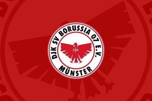 Logo von DJK SV Borussia 07 e.V. M&uuml;nster mit rotem Hintergrund und stilisiertem Adler im Zentrum.