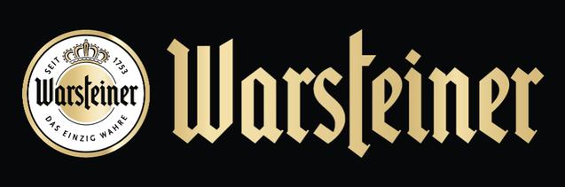Logo der Marke Warsteiner mit einem goldenen Schriftzug auf schwarzem Hintergrund und einem kreisf&ouml;rmigen Emblem oben.